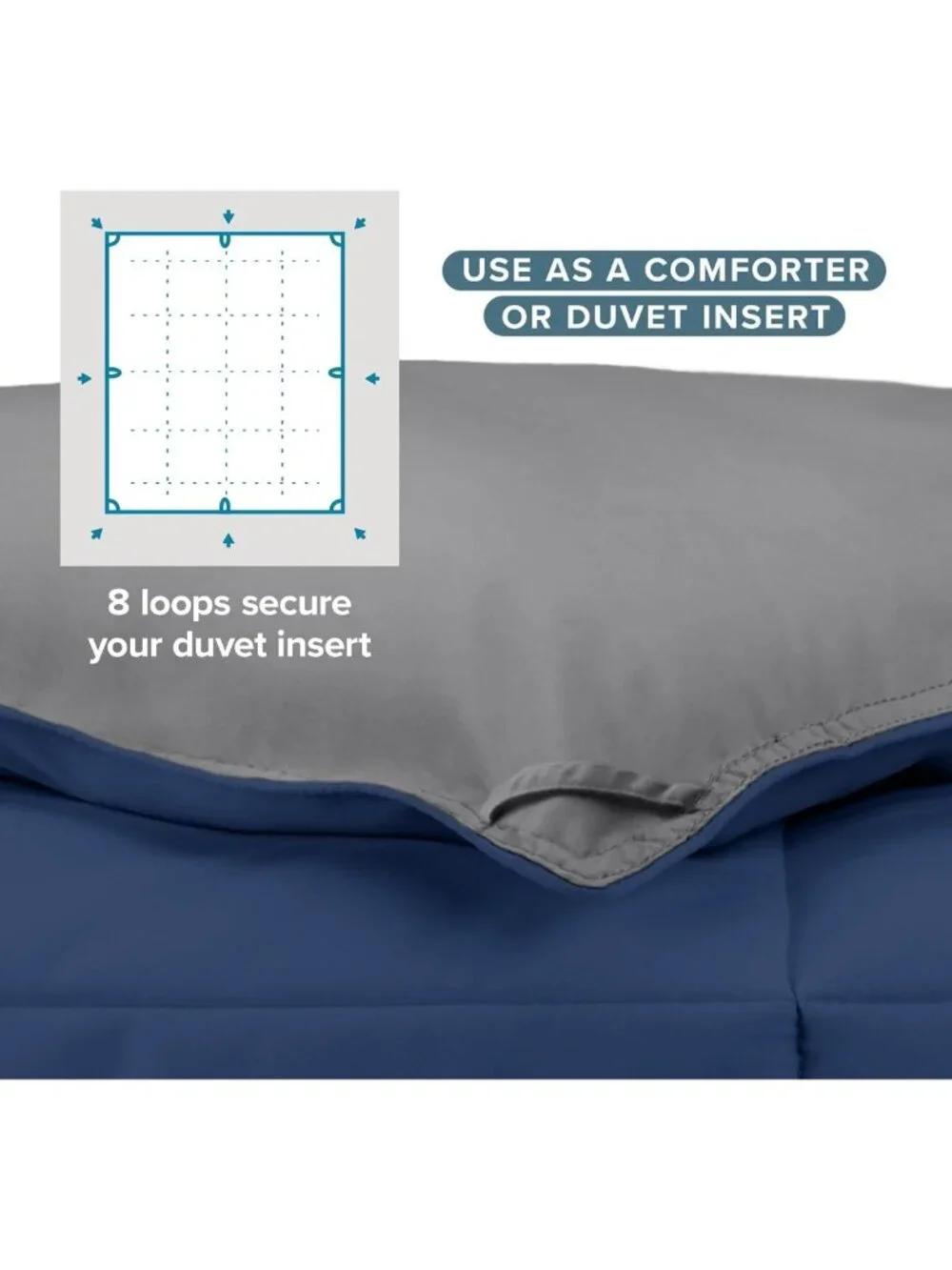 Oversized Reversible Queen Comforter Set - Dark Blue & Grey, Cozy Bedding